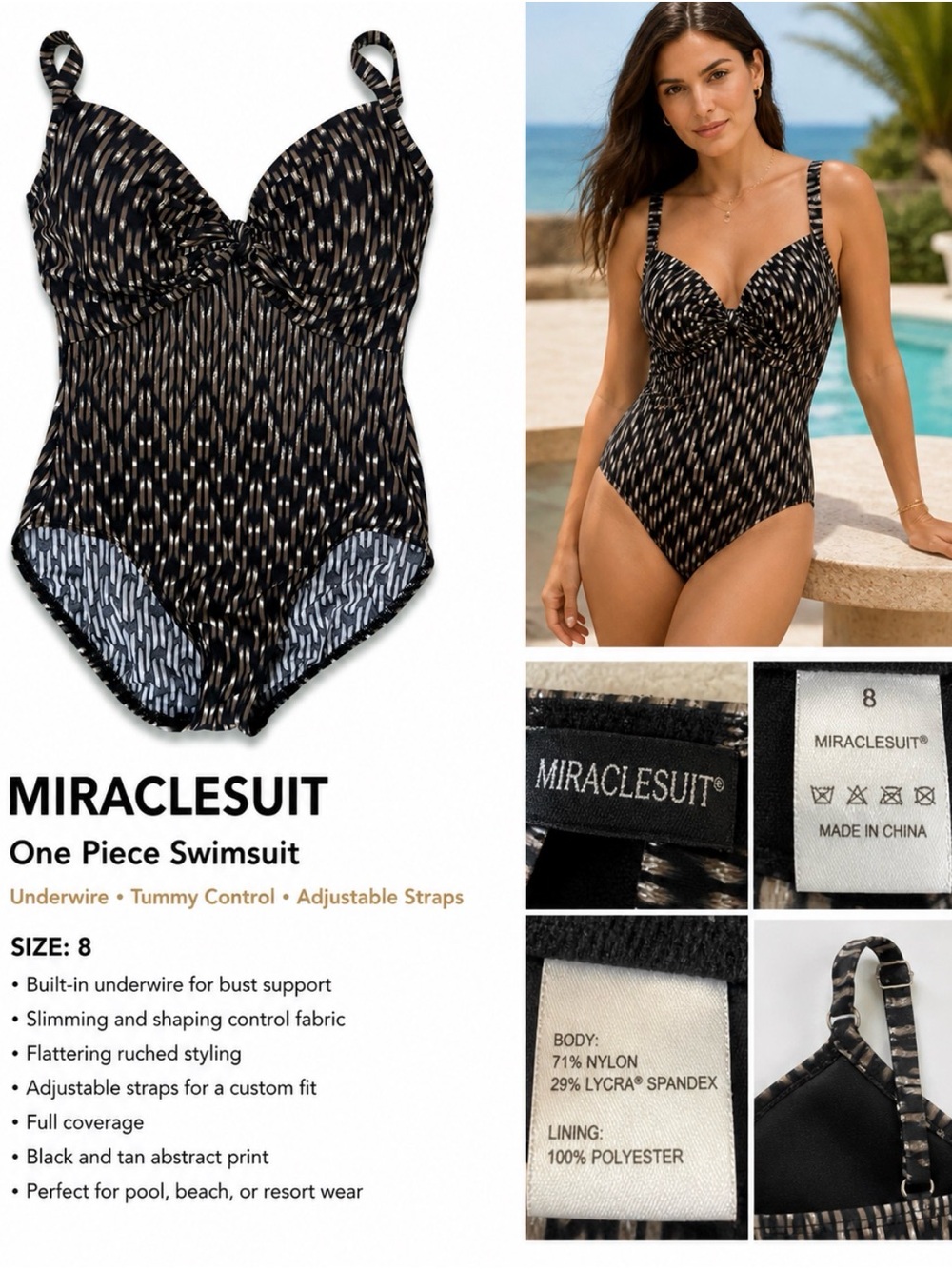 Miraclesuit One Piece Swimsuit Black Tan Abstract Underwire Tummy Control Sz 8
